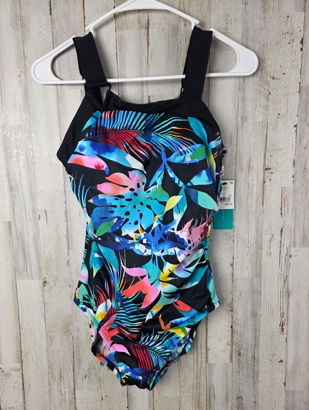Aqua Green Tropical Floral Print One Piece Swimsuit Size Medium
